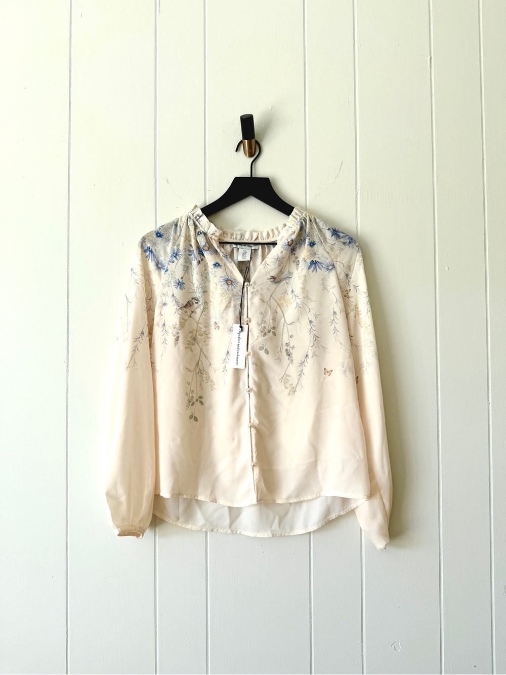 cupcakes & cashmere Pale Yellow Floral Chiffon Blouse with Ruffle Collar